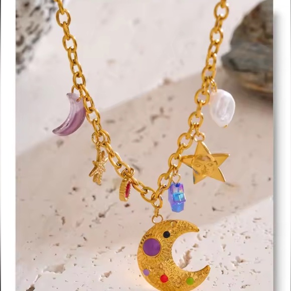 Moon Star Charms 18K Gold Stainless Steel Waterproof Necklace - Picture 10 of 12